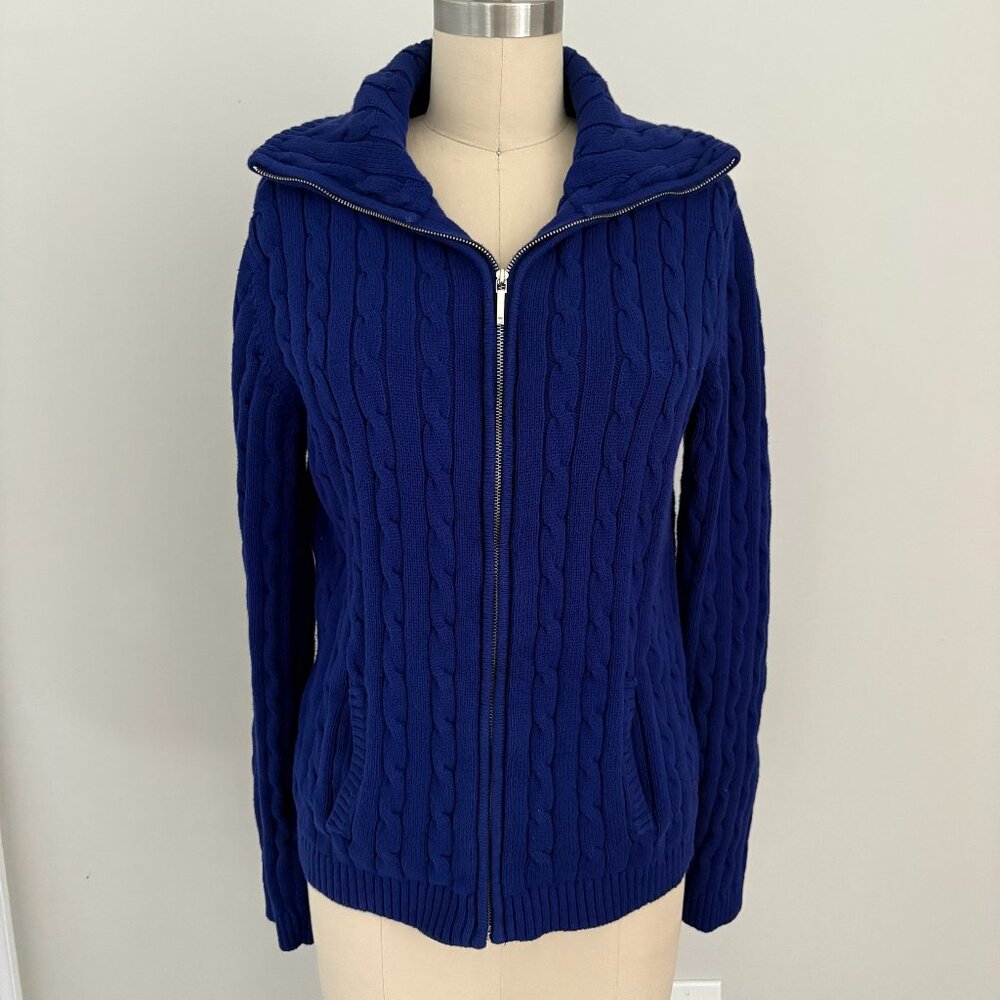 CHAPS Women's Sweater Blue Large Cable Knit Full Zip Up Cotton Grandmacore XL